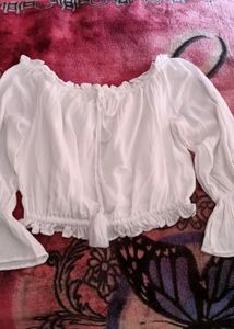 women white solid crop bardot top