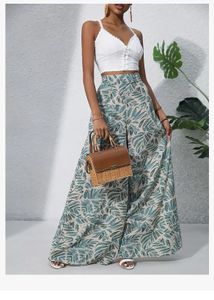 Tropical Print Wide Leg Pants