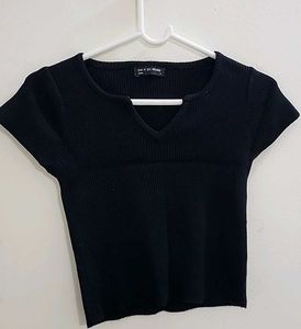 Black Ribbed V-Neck Top