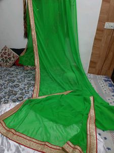 Green Soft Chiffon Saree with Red & Gold Border