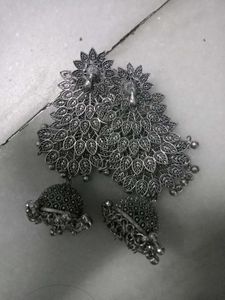 Oxidized Silver Peacock Jhumka Earrings