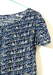Printed Blue Cotton T Shirt