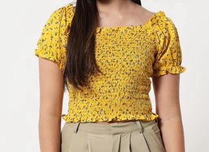 Yellow Floral Smocked Crop Top