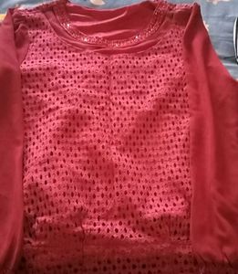 Red Embellished Long Sleeve Top