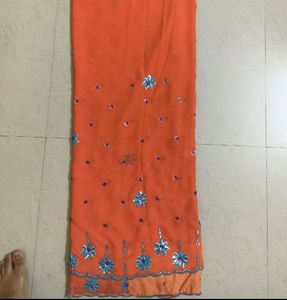 🧡💙Orange Blue &amp; 💕 Pink Tikka Work Saree 🧡💙