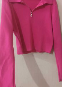 Pink Half-Zip Crop Top