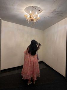 festive peach organza anarkali dress with dupatta