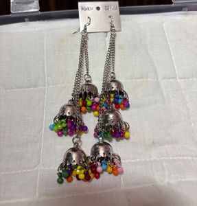Long Silver Jhumka Earrings with Colorful Beads