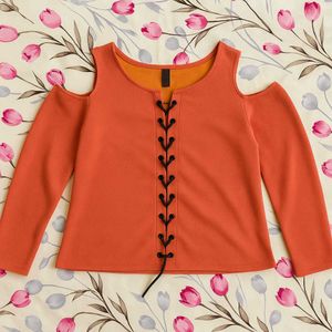Orange Cold Shoulder Lace-Up Top
