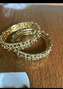 Set Of 2 Bangles Golden With Green Studs Design