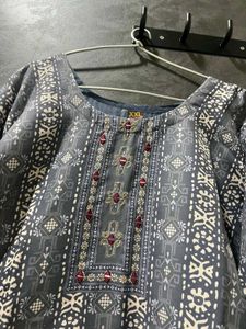 Grey Printed Kurta With Embroidery