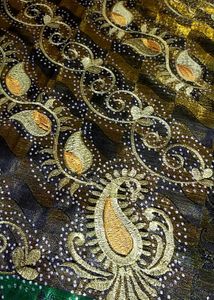 New Party Ware Brown &amp; Green Embroidered Saree
