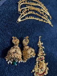 South Indian bridal ear chain with jumka and tikka