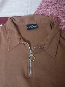 Brown Zipper Polo Top