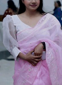 Pink Embroidery saree with white blouse piece