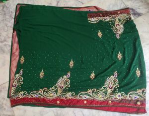 Fully Work Green Saree With Red Net Border