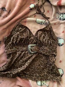 y2k belted leopard Top