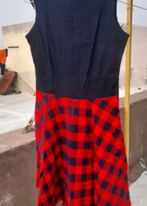Red Plaid Denim Skater Dress