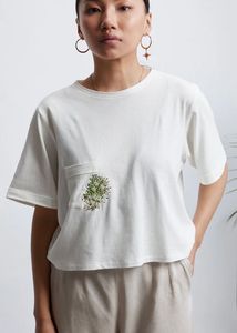 White Organic Tee with Floral Embroidery