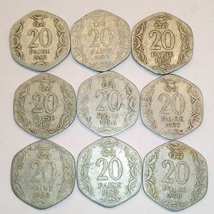 Set of 9 Yearwise Vintage 20 Paise Coins
