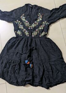 Floral Embroidered Black Mini Dress