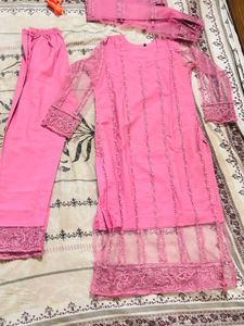 Pink Embroidered Kurta Set 3 Pcs