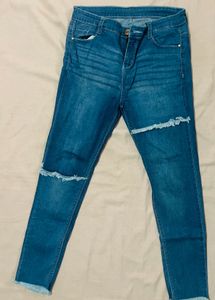 Blue Skinny Fit High Rise Waist Ripped Denim Jeans