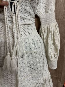 Boho Eyelet Lace Mini Dress with Crochet Waist