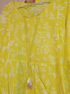 Yellow Printed Top With Dori On Neck &amp; Sleeves