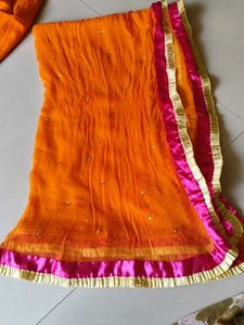 Orange Embroidered Suit With Dupatta