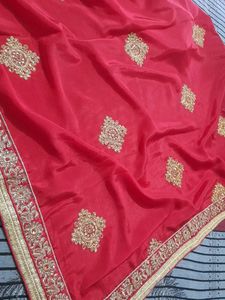 Cream Red Contrast Saree With Blouse Ready