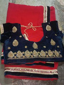 Red Mirror Work Saree With Makhmal Border