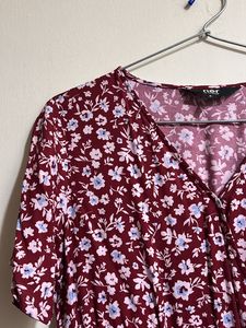 Cotton Red Floral Wrap Midi Dress
