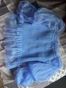 Blue Tulle Puff Sleeve Top