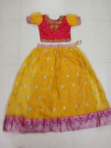 Pink &amp; Yellow Embroidered Top With Skirt