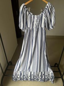 Blue Stripe Ruched Maxi With  Lace Cutwork Details