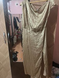 Gold Asymmetrical Neck Midi Slit Dress