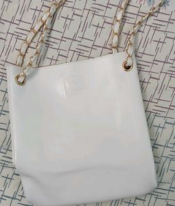 White Tote Bag with Gold Chain