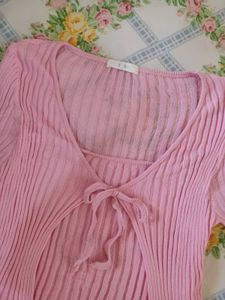 Pink Tie up Ribbed Top