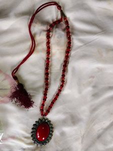 Red Beaded Necklace &amp;  Floral Hair Clip