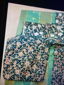 Embroidered Teal Indian Saree with Blouse