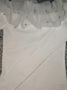 White Ribbed Top with Mesh Detail