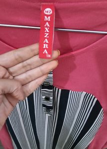 High Low Pink Top with Black N White Stripes