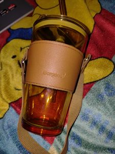 Glass Tumbler/ Sipper With Straw Leather Handle