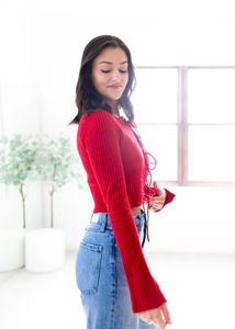 korean Red Knit Tie-Front Top