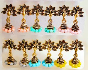6 Piece Oxidised Gold Jhumka Jhumki Pearl Earrings
