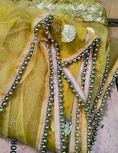Golden Beaded Lacework Partywear Saree Blouse