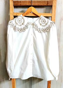 Elegant White Embroidery Blouse Size-42