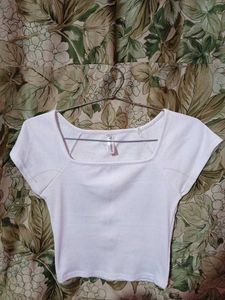 White Ribbed Square Neck Crop Top