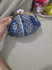 Blue Embroidery Potli Clutch With Pearl Handle